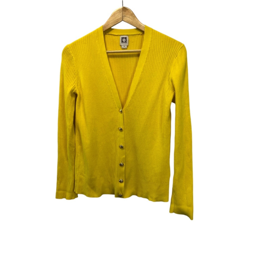 ANNE KLEIN Yellow Ribbed Gold Button Long Sleeve Fitted Cardigan Sweater M